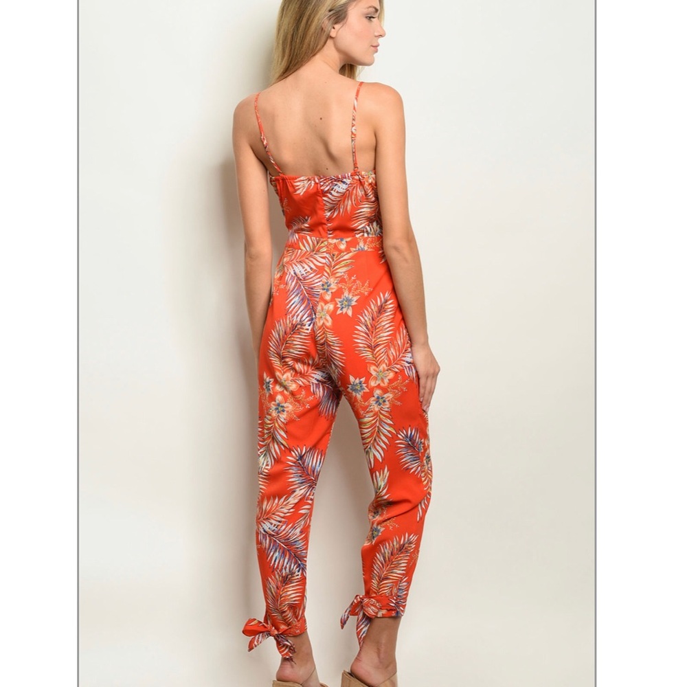 Red Waist Sash cut out bandeau Jumpsuit with pants bow and tropical florals - Picture 3 of 4